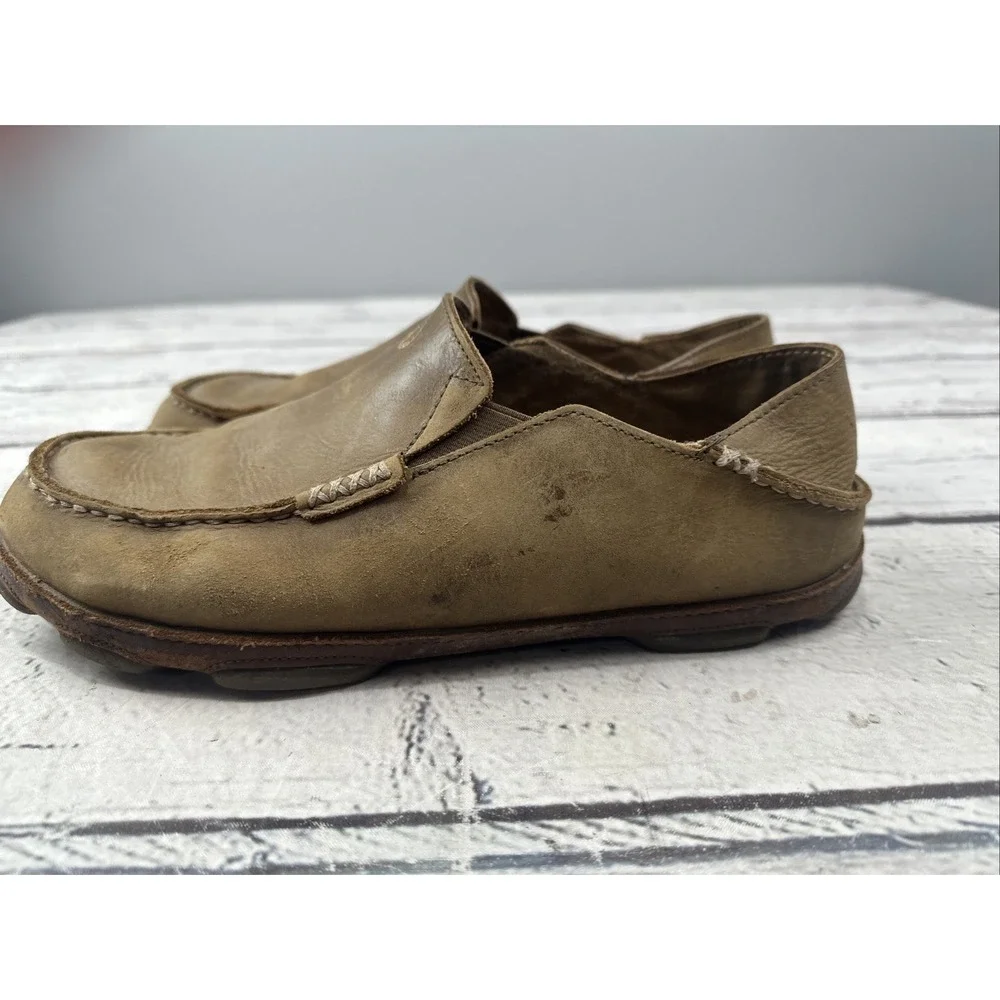 OluKai Moloa Slip On Shoes Brown Leather Loafers Fold Down 10128-2733 Size 10.5